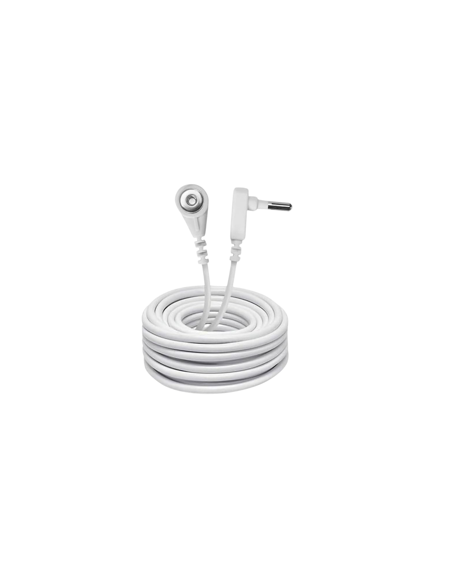 White earbud with a coiled cable on a white background