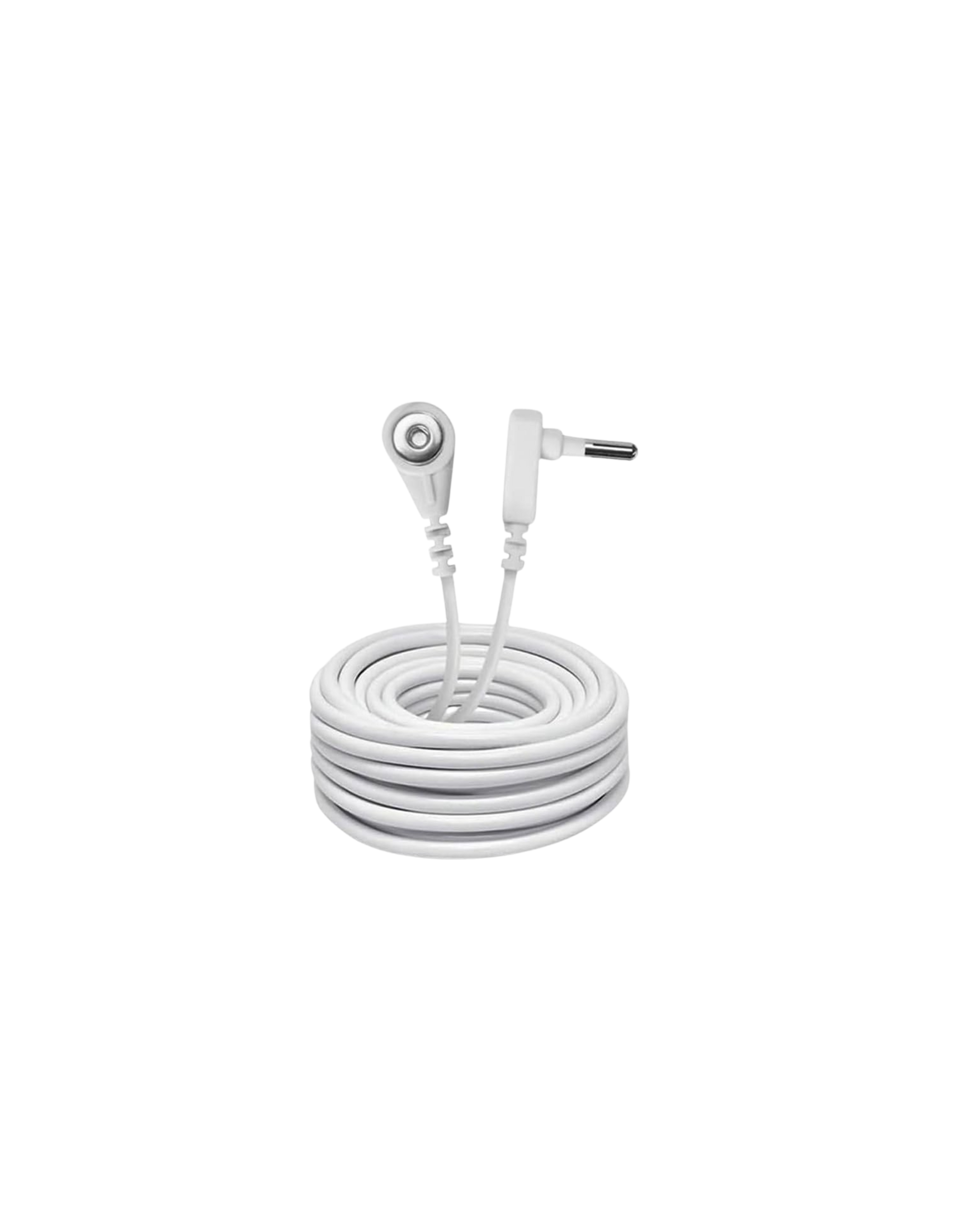 White earbud with a coiled cable on a white background