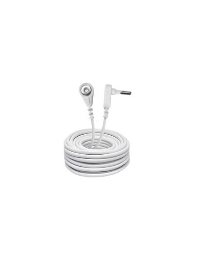 White earbud with a coiled cable on a white background