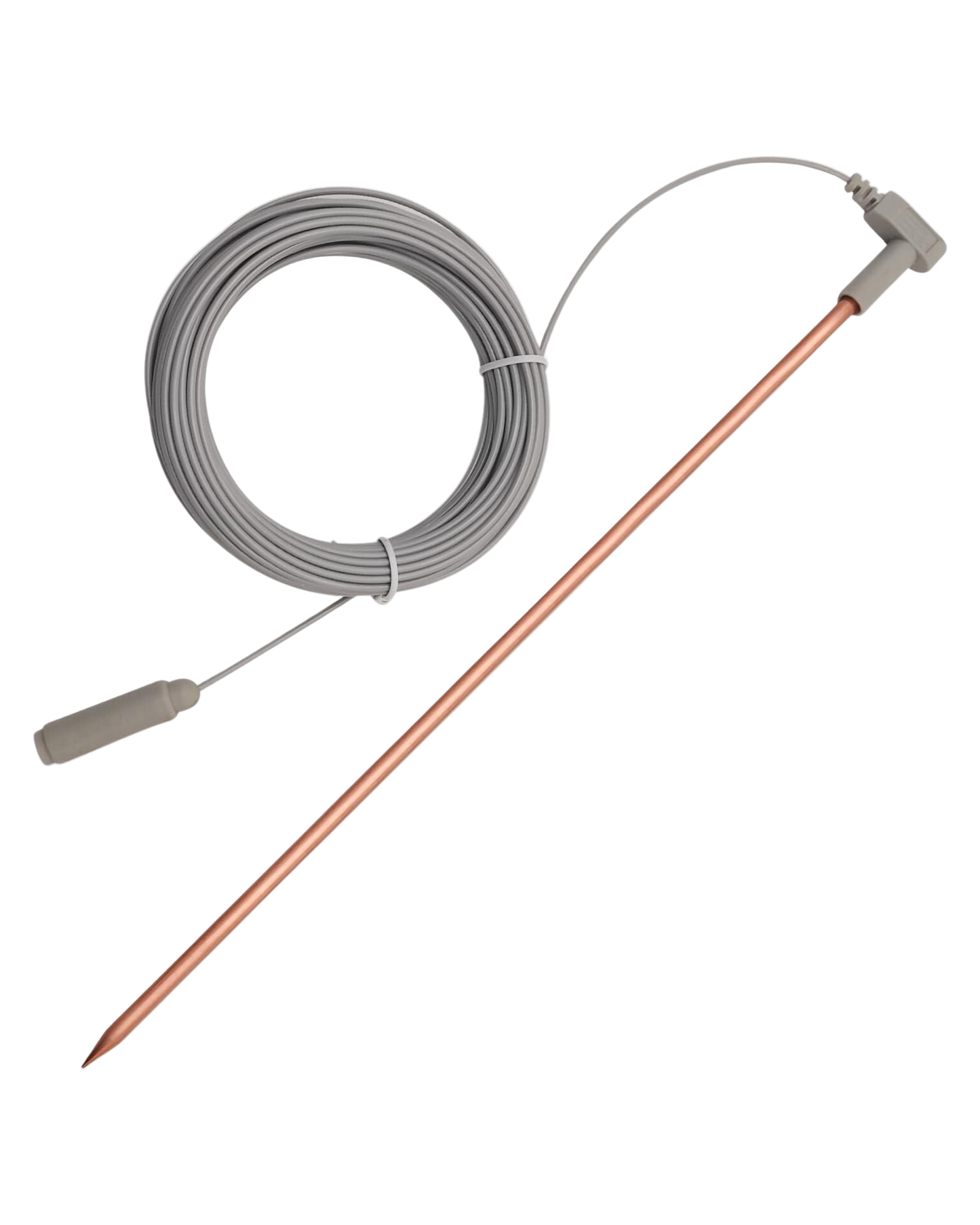 Copper probe with coiled cable on a white background