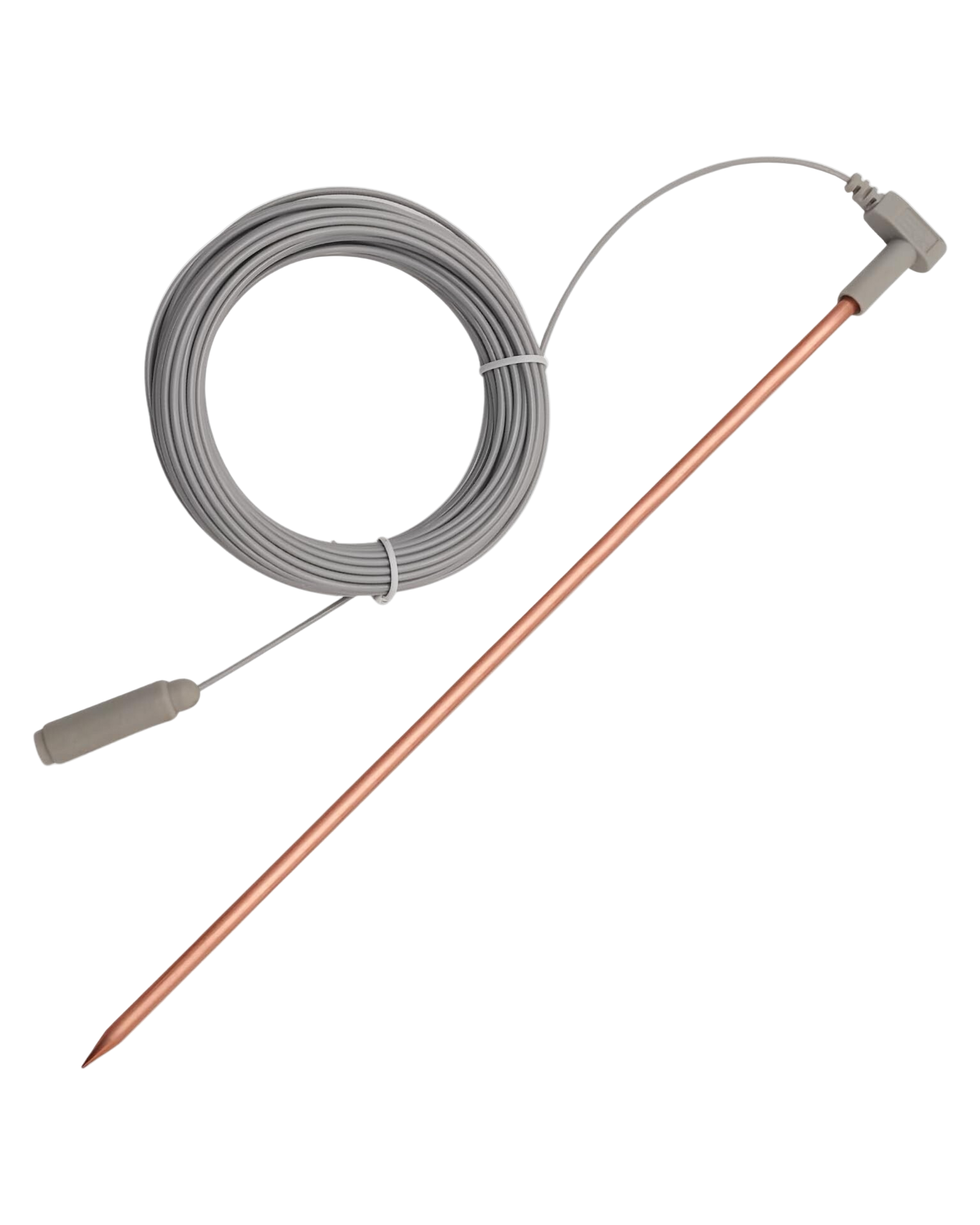 Copper probe with coiled cable on a white background