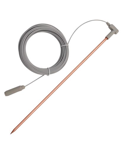 Copper probe with coiled cable on a white background